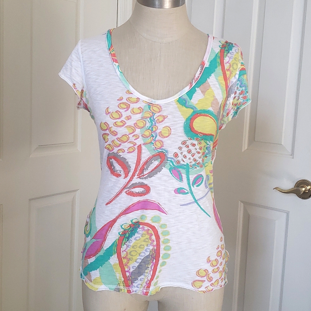 Fresh Produce Colorful Abstract Cotton Scoop‑Neck Top White Yellow Aqua • SMALL - Picture 3 of 14
